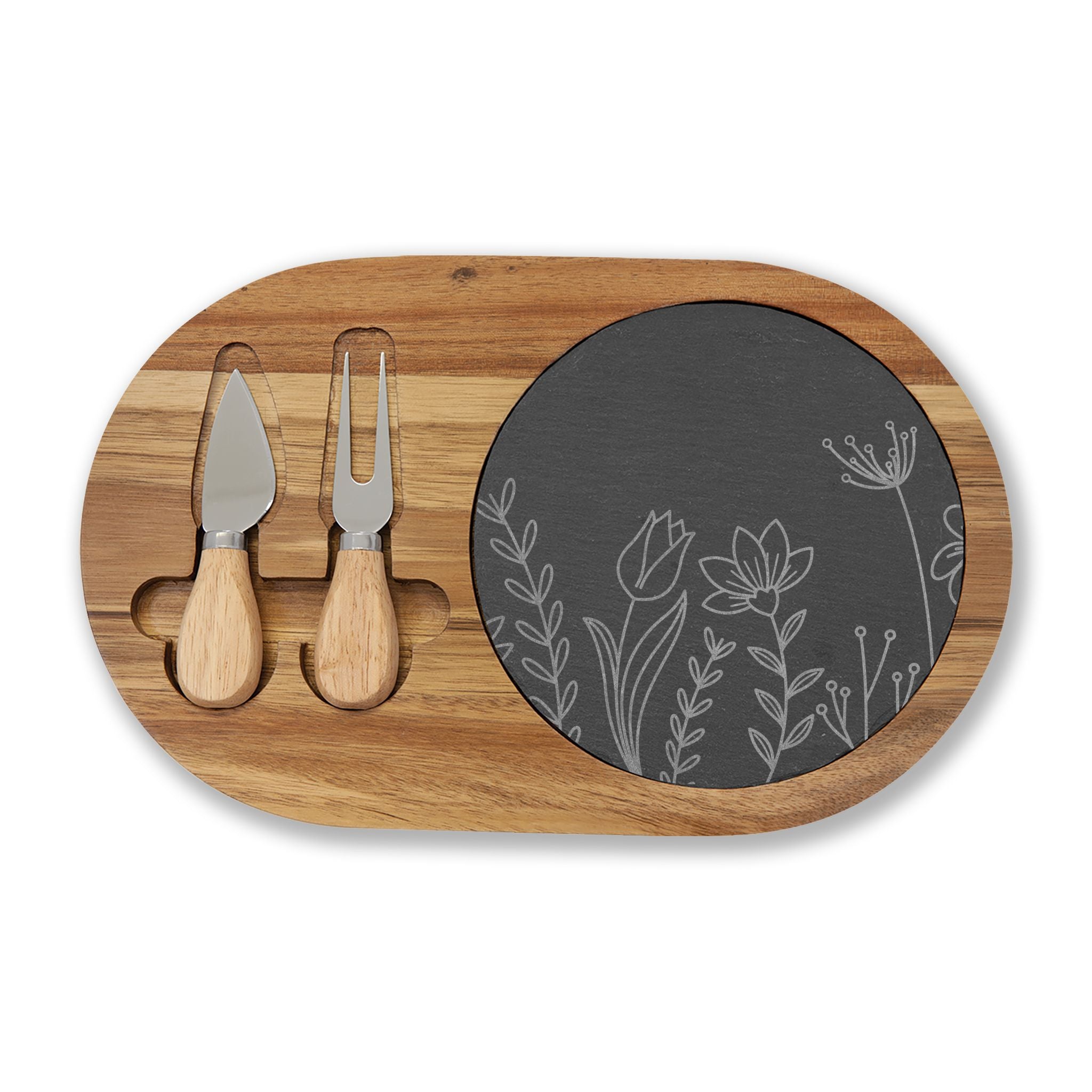 Engraved Floral Charcuterie Board with Slate Inset & Cheese Knives