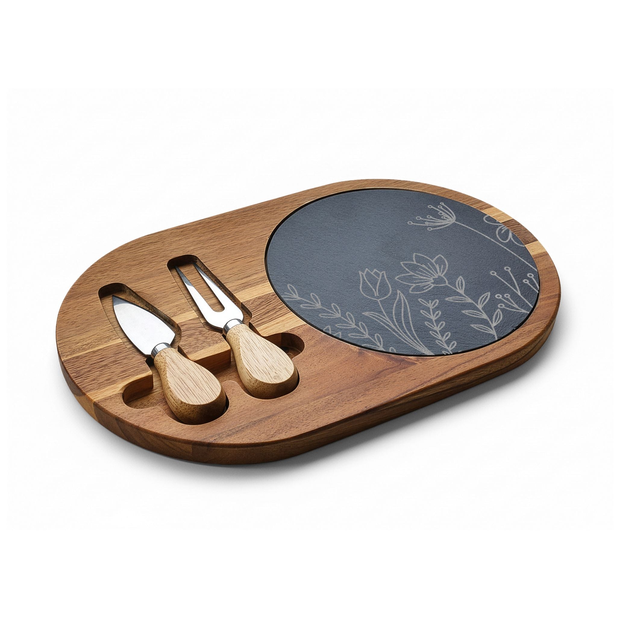 Engraved Floral Charcuterie Board with Slate Inset & Cheese Knives